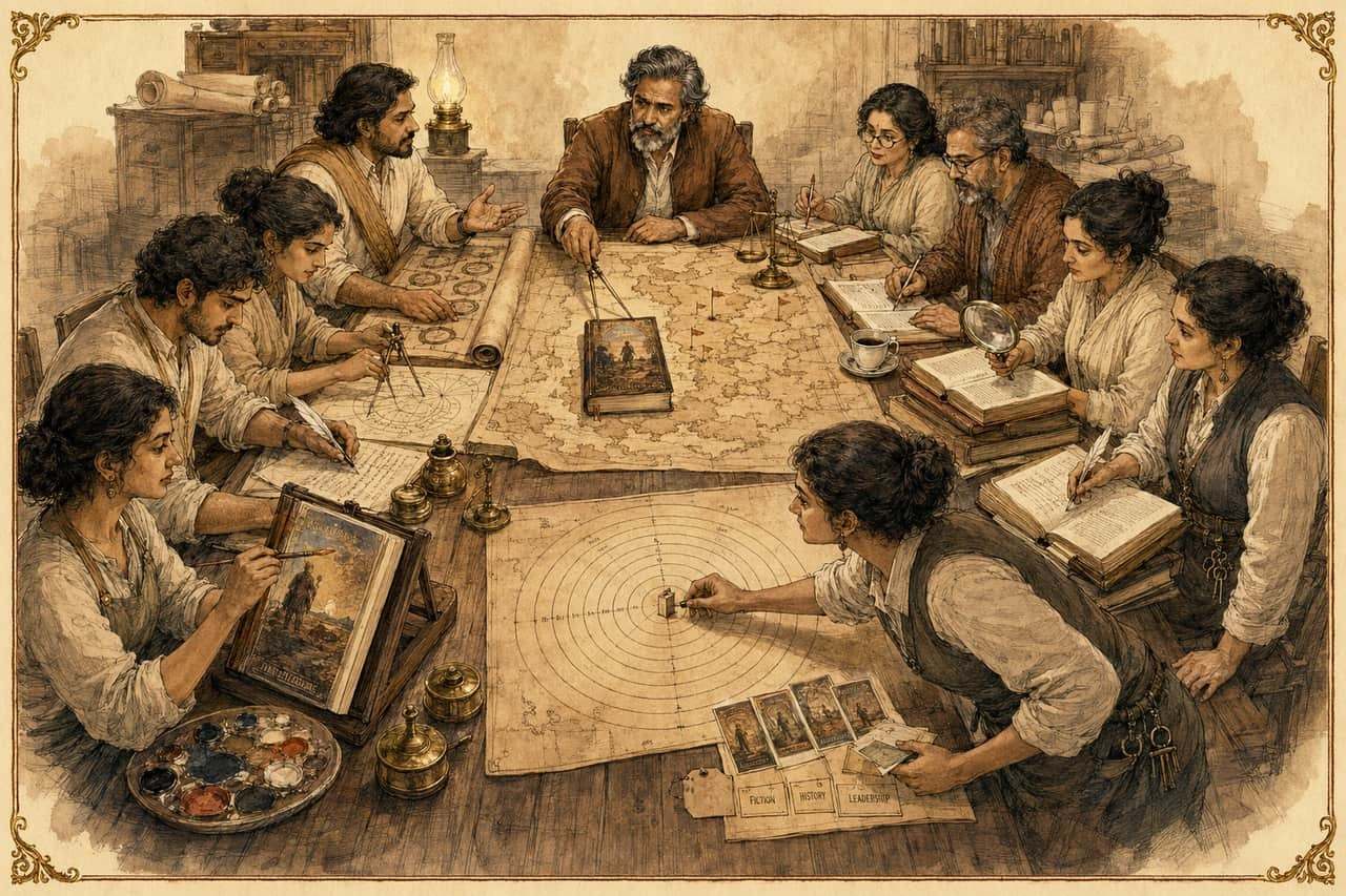 The whole Round Table at one long table, reviewing a single finished book — Arthur presides at the head over a chart of the market, Artemis lays out the launch target and comparable titles, and the nine sages work the manuscript with quill, compass, brush, magnifier, and balance.
